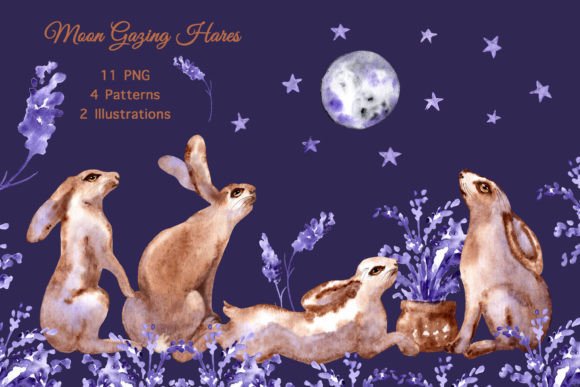 Bringing Moonlit Magic to Your Projects with the Watercolor Moon Gazing Hare Clip Art Set