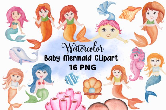 Enchanting Watercolor Baby Mermaid Clipart for Creative Projects