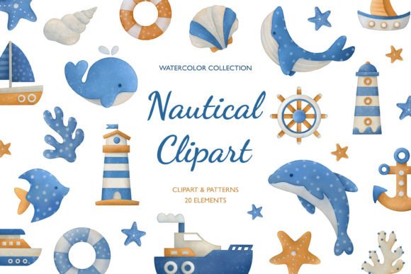 Nautical Clipart Set: Watercolor Sea Elements
